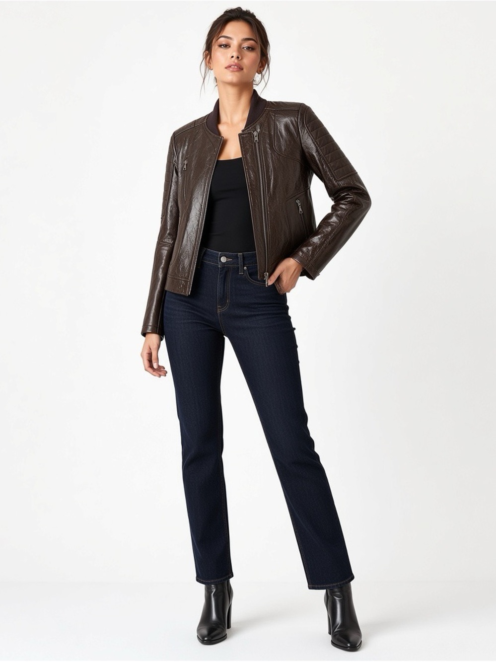 Theory Women's Dark Brown Lamb Leather Bomber Jacket SP